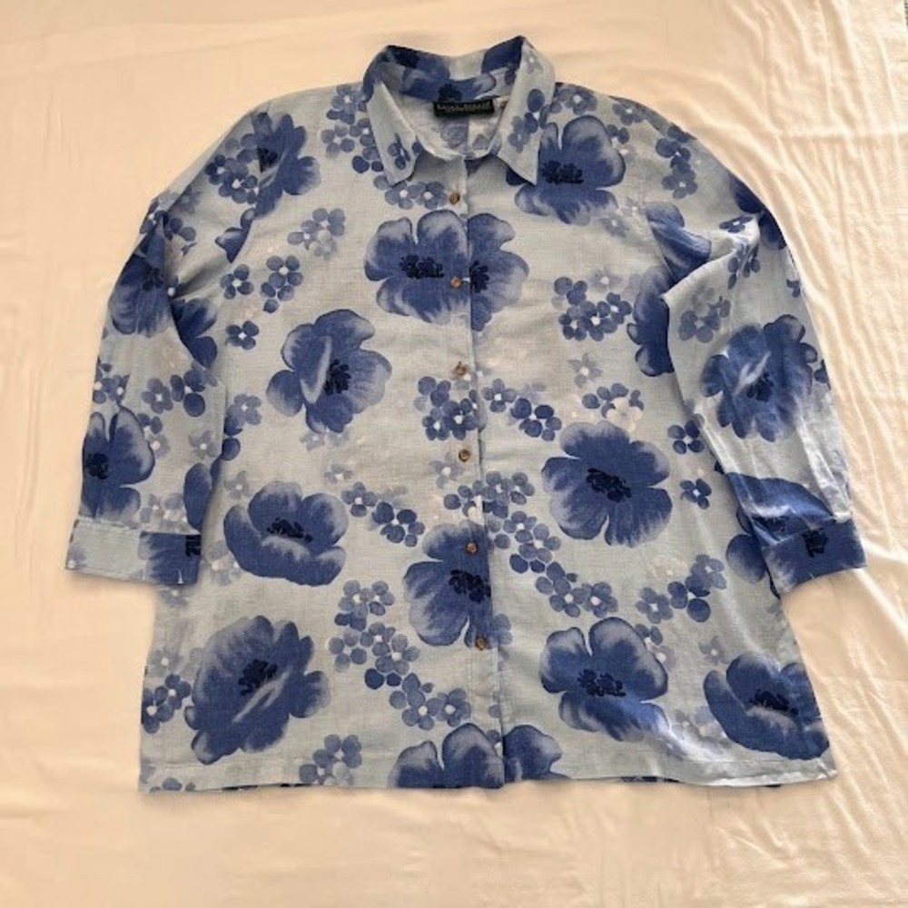 Harvé Benard Linen Cotton Floral Button Up Shirt‎ Womens 2X Blue Long Sleeve
